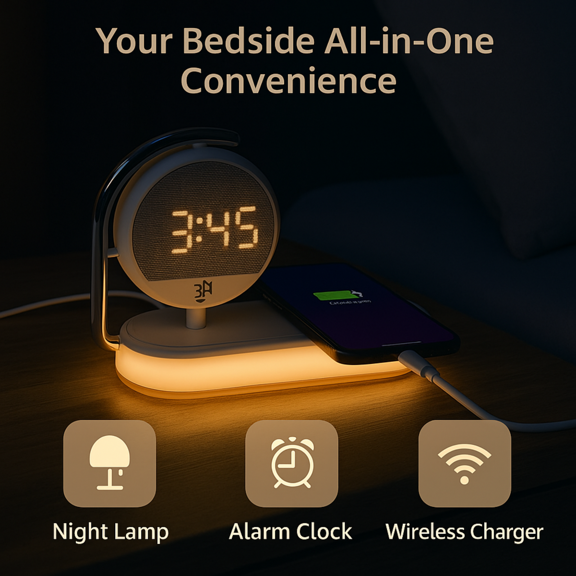 Digital Clock With 15 w Wireless Charger & Night Lamp